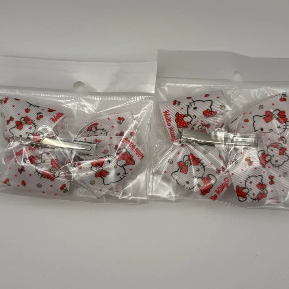 Kitty Bow Hair Clips Set 4pcs White Red Ribbon Accessories For Kids‎